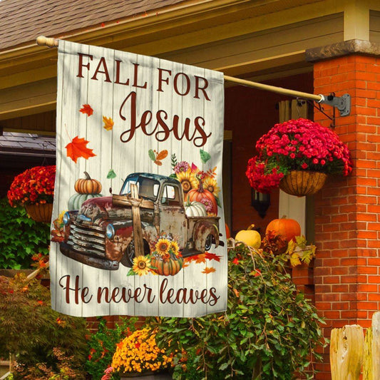 Christian Flag, Fall Truck Pumpkins Flag Fall For Jesus He Never Leaves Halloween Thanksgiving Flag, The Christian Flag, Jesus Christ Flag
