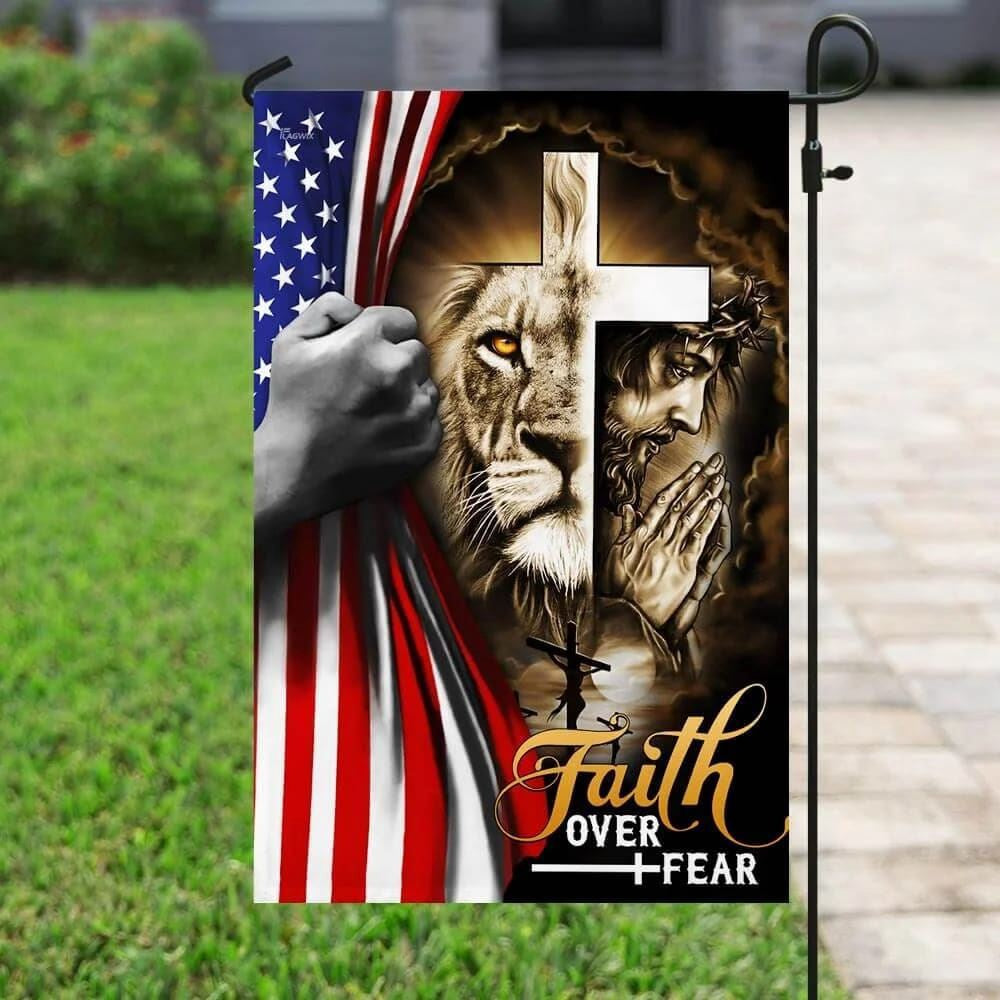 Christian Flag, Jesus And Lion Faith Over Fear House Flags, The Christian Flag, Jesus Christ Flag