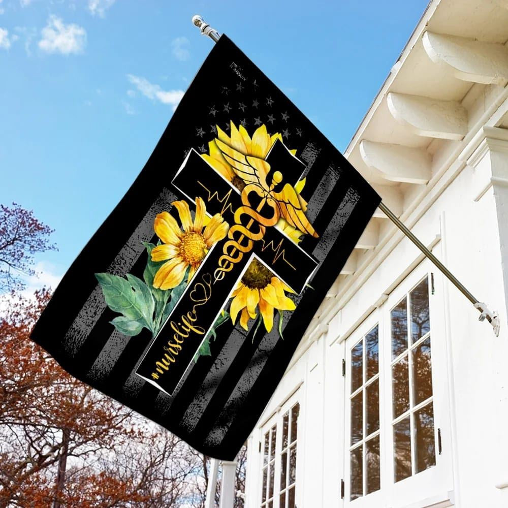 Christian Flag, Nurse Life Sunflower Christian Cross House Flag, Outdoor Religious Flags, Jesus Christ Flag
