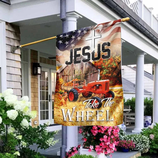 Christian Flag, Tractor Jesus Take The Wheel House Flags, Jesus Christ Flag