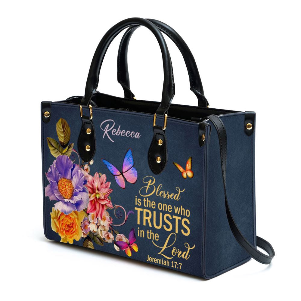 Christian Handbags, Personalized Blessed Is The Woman Who Trusts In The Lord Jeremiah 177 Flower Leather Handbag, Religious Bag, Christian Bag