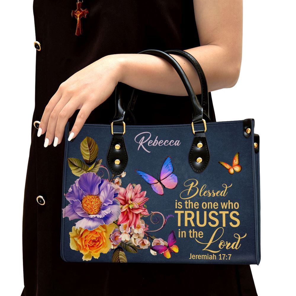 Christian Handbags, Personalized Blessed Is The Woman Who Trusts In The Lord Jeremiah 177 Flower Leather Handbag, Religious Bag, Christian Bag