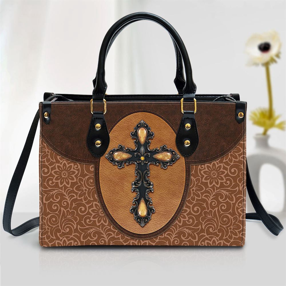 Christian Handbags, Personalized Brown Cross Leather Handbag, Religious Bag, Christian Bag