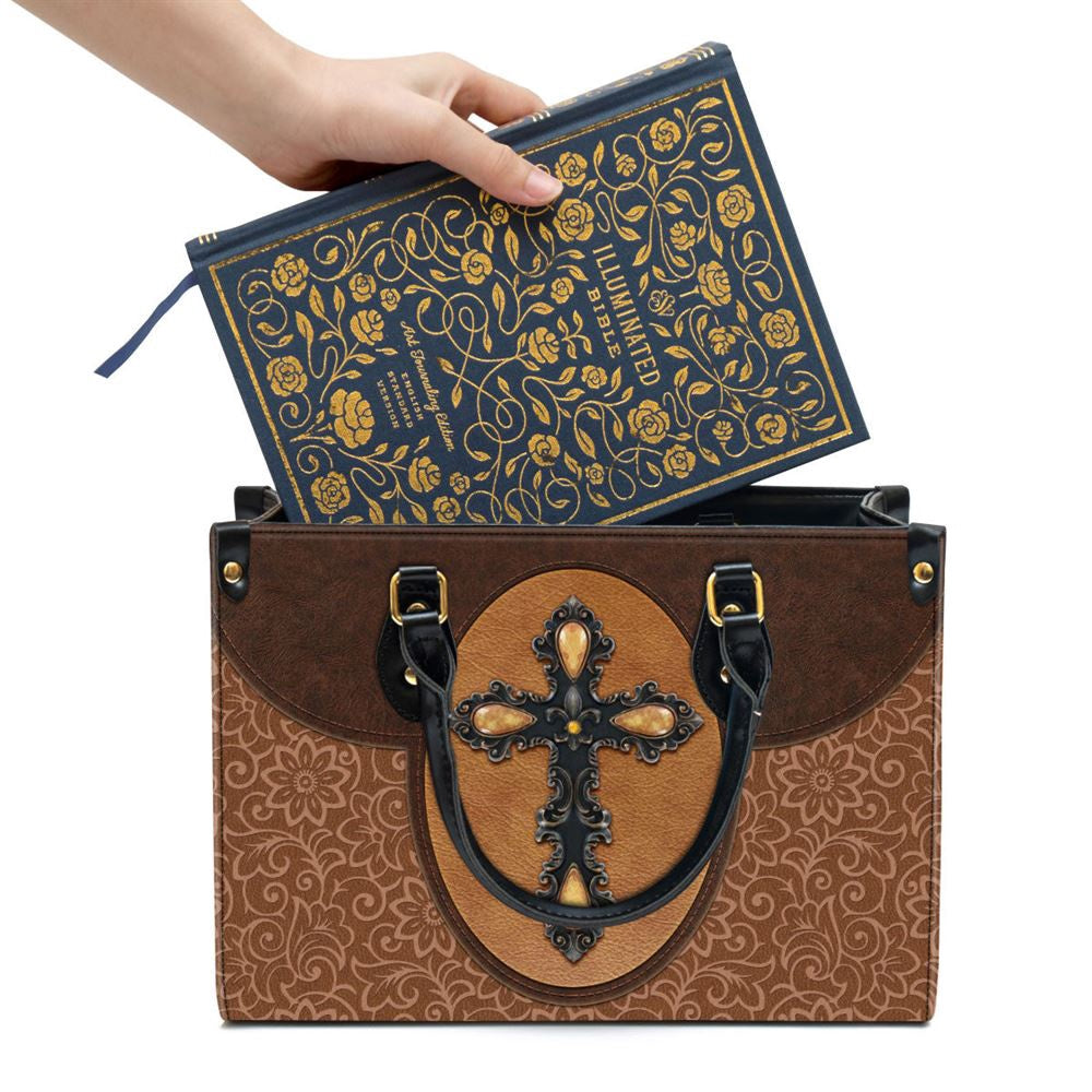 Christian Handbags, Personalized Brown Cross Leather Handbag, Religious Bag, Christian Bag