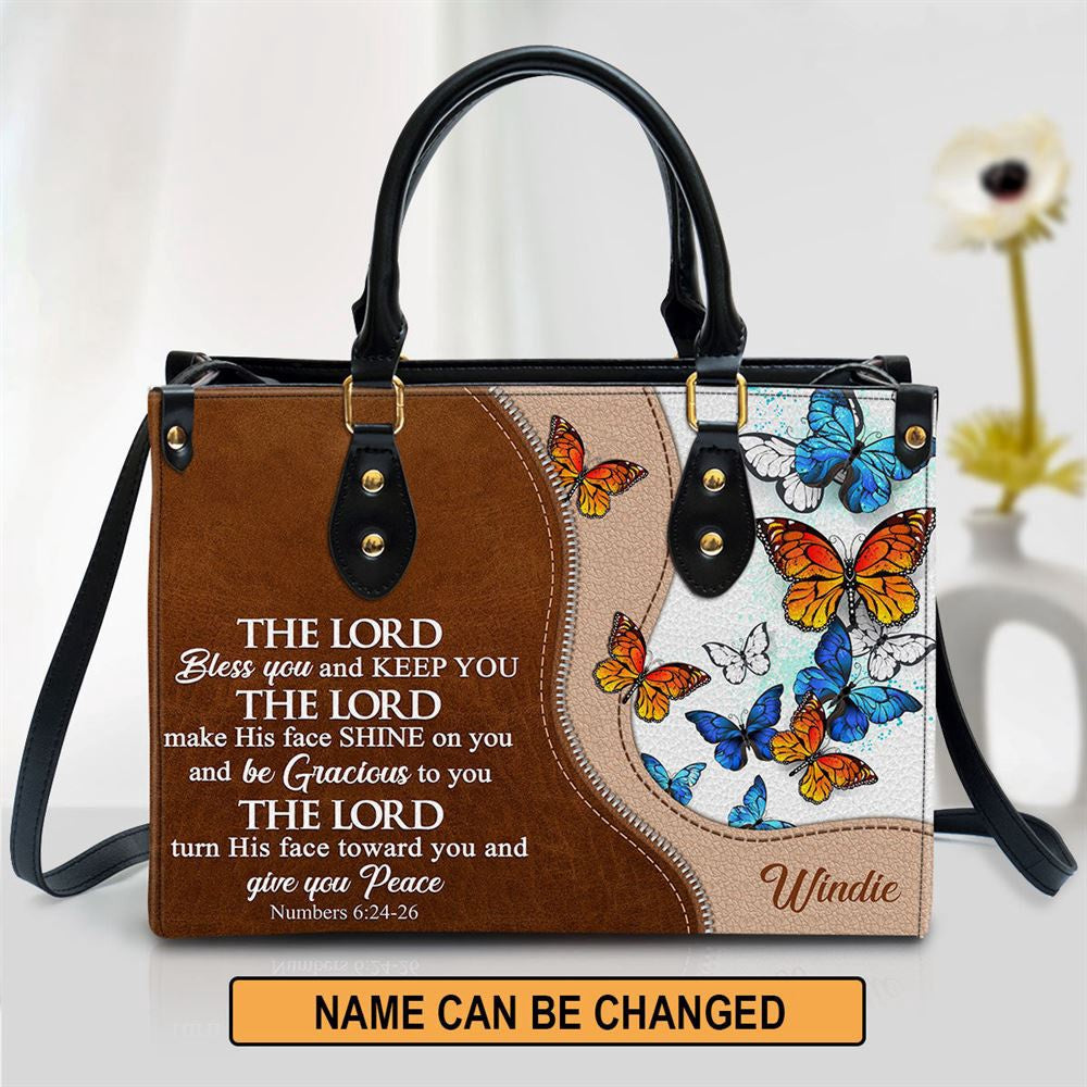 Christian Handbags, Personalized Butterfly The Lord Bless You And Keep You Leather Handbag, Religious Bag, Christian Bag