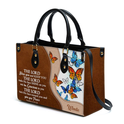 Christian Handbags, Personalized Butterfly The Lord Bless You And Keep You Leather Handbag, Religious Bag, Christian Bag