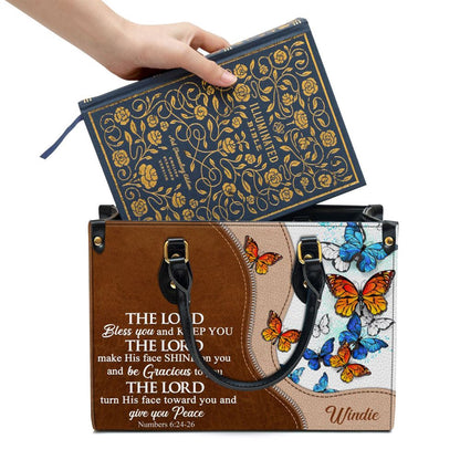 Christian Handbags, Personalized Butterfly The Lord Bless You And Keep You Leather Handbag, Religious Bag, Christian Bag