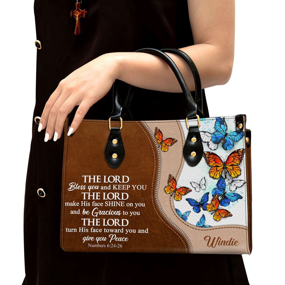 Christian Handbags, Personalized Butterfly The Lord Bless You And Keep You Leather Handbag, Religious Bag, Christian Bag
