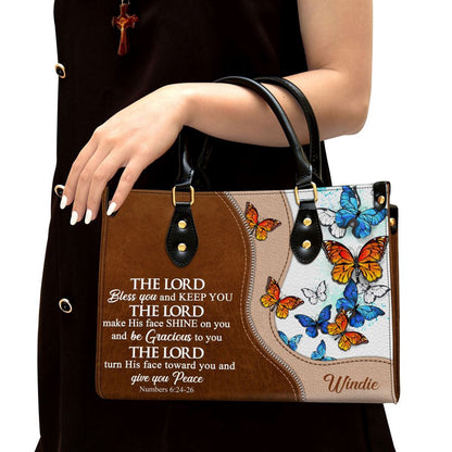 Christian Handbags, Personalized Butterfly The Lord Bless You And Keep You Leather Handbag, Religious Bag, Christian Bag