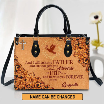 Christian Handbags, Personalized Cross And Pigeon And I Will Ask The Father John 1416 Zippered Leather Handbag With Handle Christian Gifts, Christian Bag