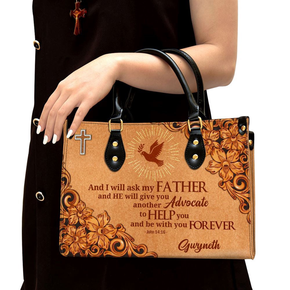 Christian Handbags, Personalized Cross And Pigeon And I Will Ask The Father John 1416 Zippered Leather Handbag With Handle Christian Gifts, Christian Bag