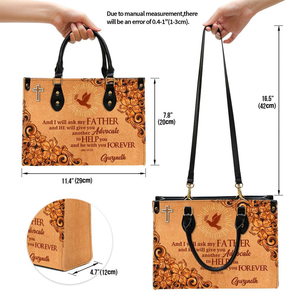 Christian Handbags, Personalized Cross And Pigeon And I Will Ask The Father John 1416 Zippered Leather Handbag With Handle Christian Gifts, Christian Bag