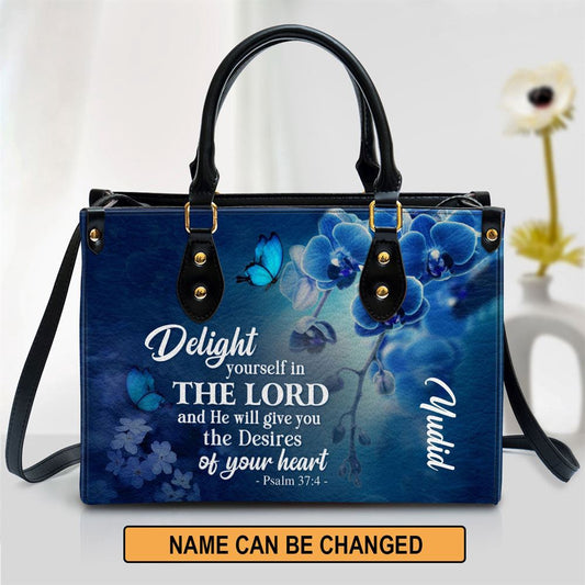 Christian Handbags, Personalized Delight Yourself In The Lord Psalm 37 4 Blue Orchids And Lilac Leather Handbag, Leather Bible Handbag, Christian Bag