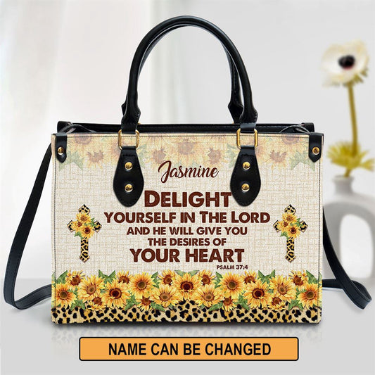 Christian Handbags, Personalized Delight Yourself In The Lord Psalm 37 4 Sunflower And Cross Leather Handbag, Leather Bible Handbag, Christian Bag