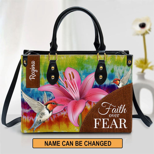 Christian Handbags, Personalized Faith Over Fear Lily Leather Handbag, Religious Bag, Christian Bag