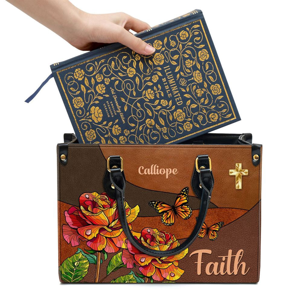 Christian Handbags, Personalized Faith Rose & Butterfly Leather Handbag, Religious Bag, Christian Bag