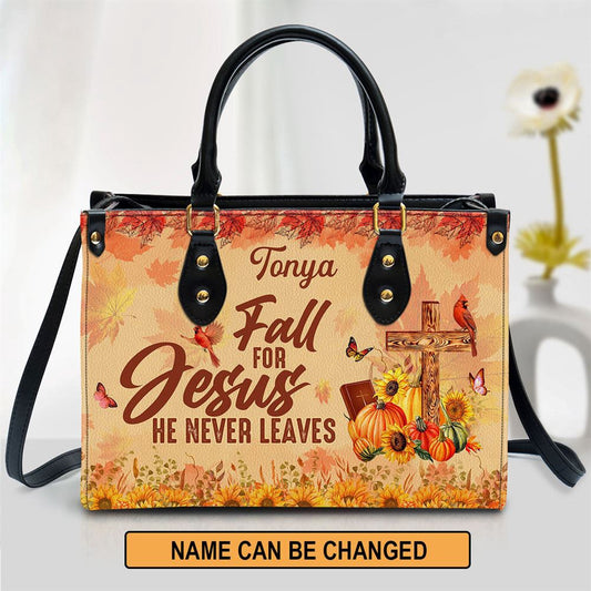 Christian Handbags, Personalized Fall For Jesus He Never Leaves Cardinal & Sunflower Leather Handbag, Religious Bag, Christian Bag
