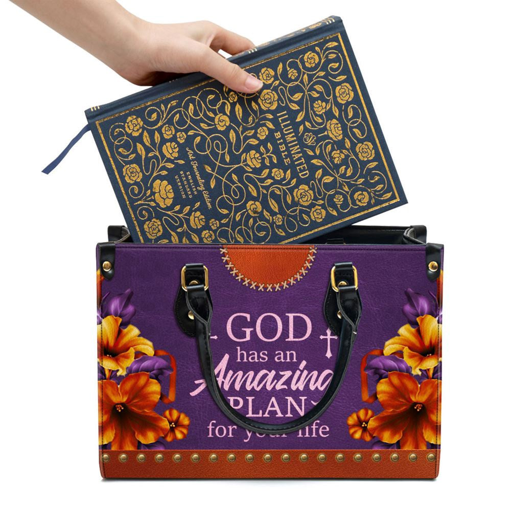 Christian Handbags, Personalized Floral Leather Handbag With Handle Worship Gift For Christians God Has An Amazing Plan For Your Life, Christian Bag