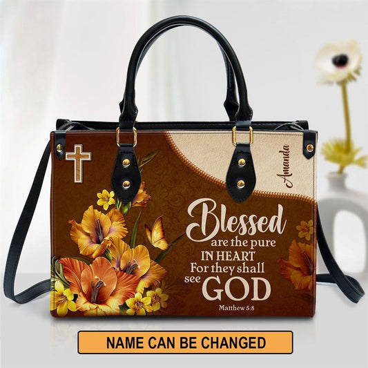Christian Handbags, Personalized Flower & Butterfly Matthew 5 8 Blessed Are The Pure In Heart Leather Handbag, Leather Bible Handbag, Christian Bag