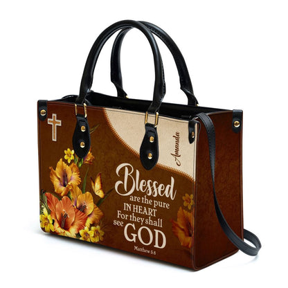 Christian Handbags, Personalized Flower & Butterfly Matthew 5 8 Blessed Are The Pure In Heart Leather Handbag, Leather Bible Handbag, Christian Bag