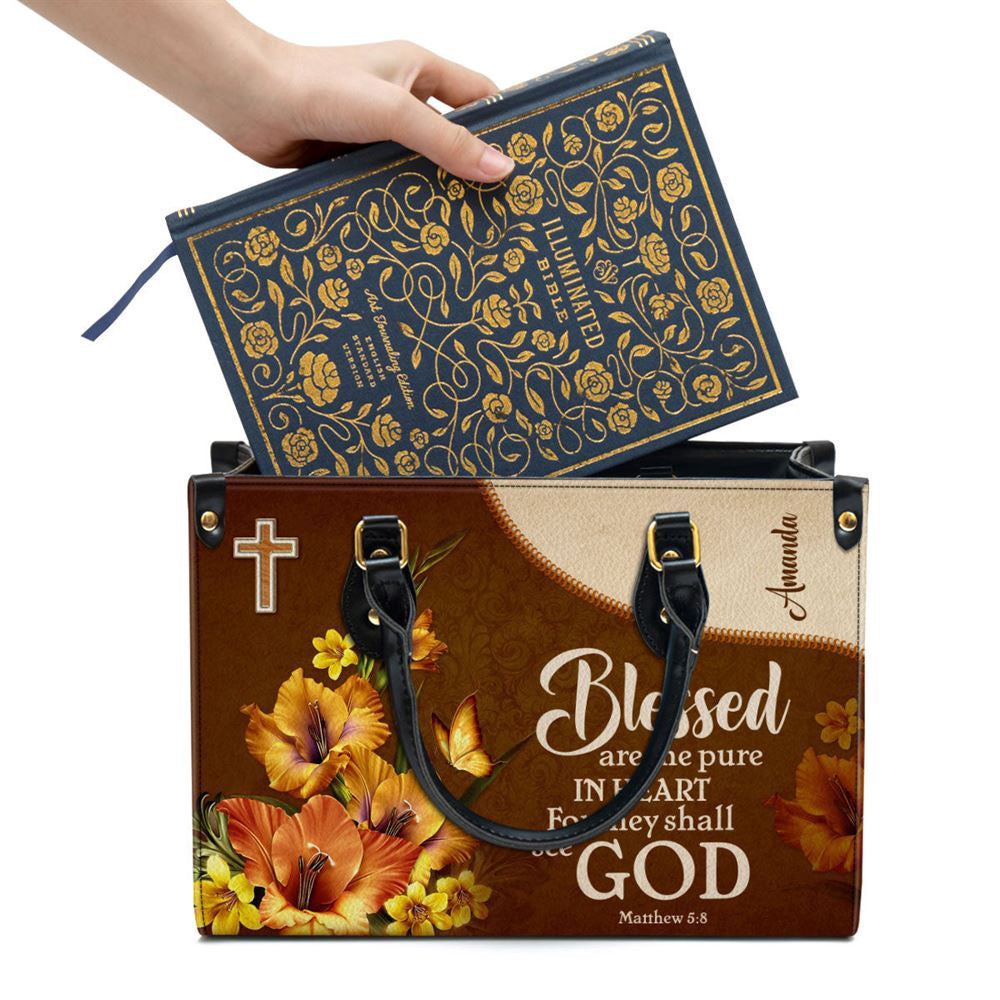 Christian Handbags, Personalized Flower & Butterfly Matthew 5 8 Blessed Are The Pure In Heart Leather Handbag, Leather Bible Handbag, Christian Bag