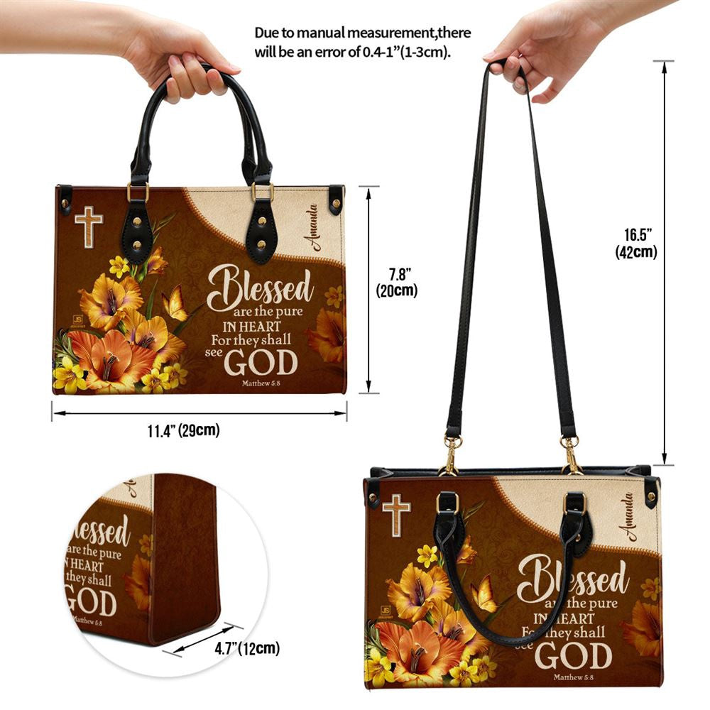 Christian Handbags, Personalized Flower & Butterfly Matthew 5 8 Blessed Are The Pure In Heart Leather Handbag, Leather Bible Handbag, Christian Bag