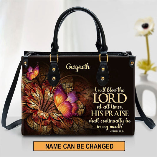 Christian Handbags, Personalized Flower & Butterfly Psalm 34 1 I Will Bless The Lord At All Times Leather Handbag, Leather Bible Handbag, Christian Bag