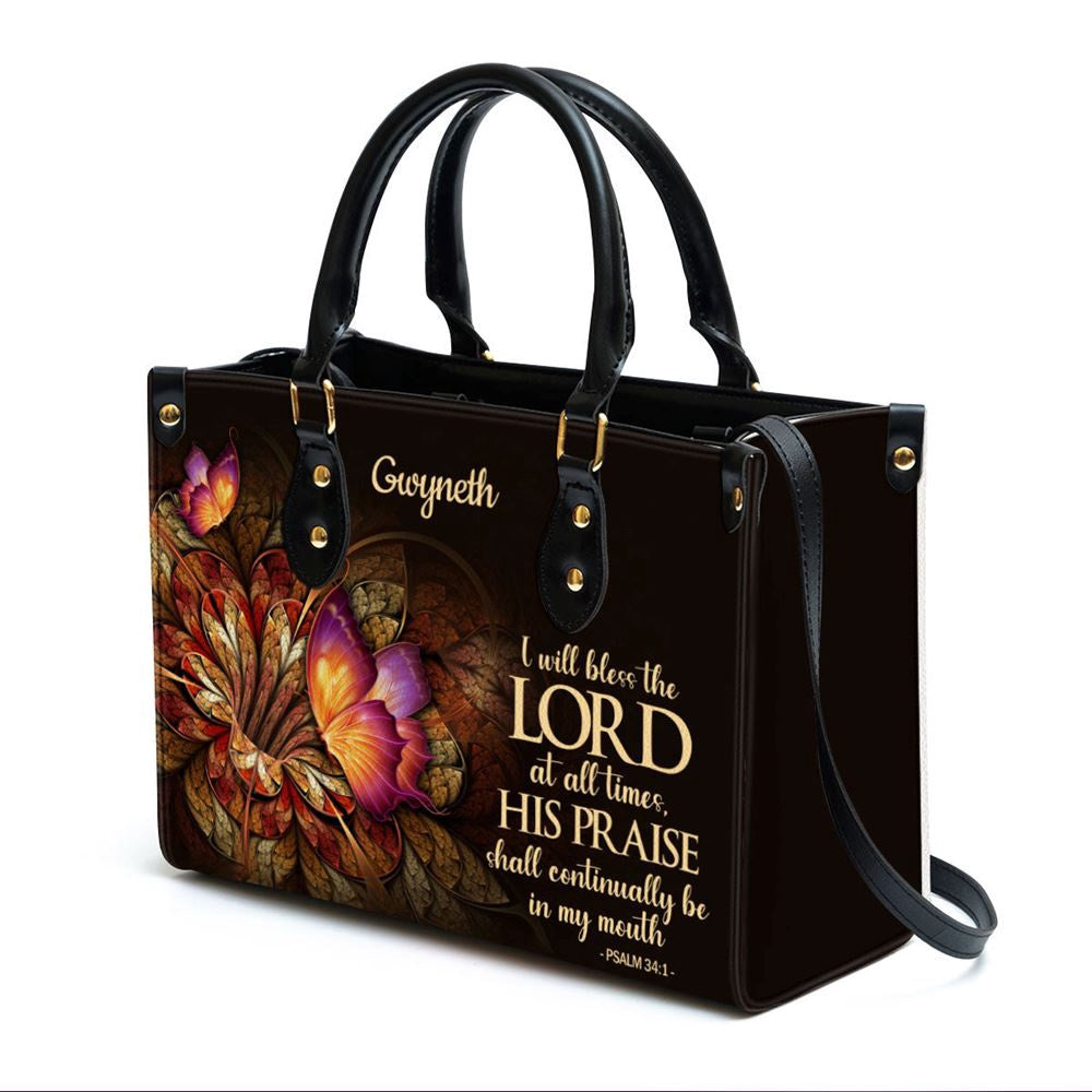Christian Handbags, Personalized Flower & Butterfly Psalm 34 1 I Will Bless The Lord At All Times Leather Handbag, Leather Bible Handbag, Christian Bag