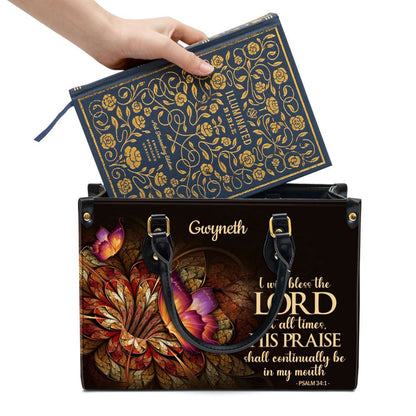 Christian Handbags, Personalized Flower & Butterfly Psalm 34 1 I Will Bless The Lord At All Times Leather Handbag, Leather Bible Handbag, Christian Bag