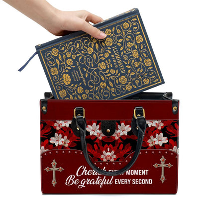 Christian Handbags, Personalized Flower Cherish Every Moment Be Grateful Every Second Leather Handbag, Religious Bag, Christian Bag
