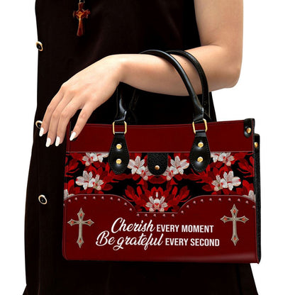 Christian Handbags, Personalized Flower Cherish Every Moment Be Grateful Every Second Leather Handbag, Religious Bag, Christian Bag