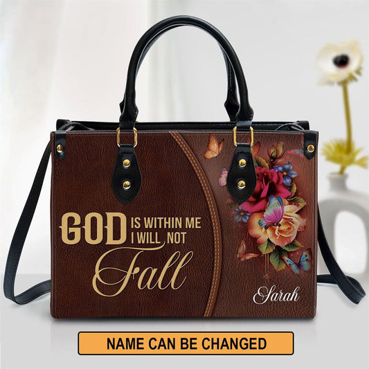 Christian Handbags, Personalized God Is Within Me I Will Not Fall Flower Leather Handbag, Religious Bag, Christian Bag