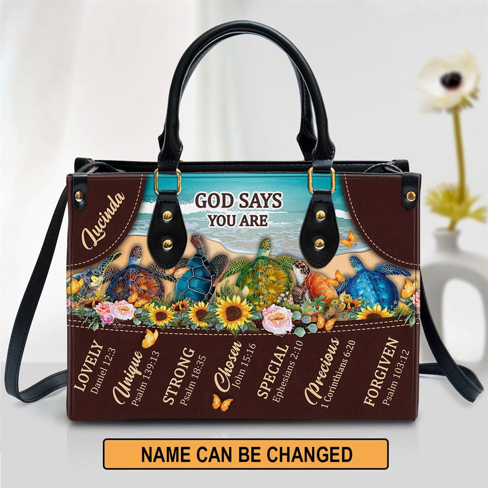 Christian Handbags, Personalized God Says You Are Lovely Turtle Leather Handbag, Religious Bag, Christian Bag