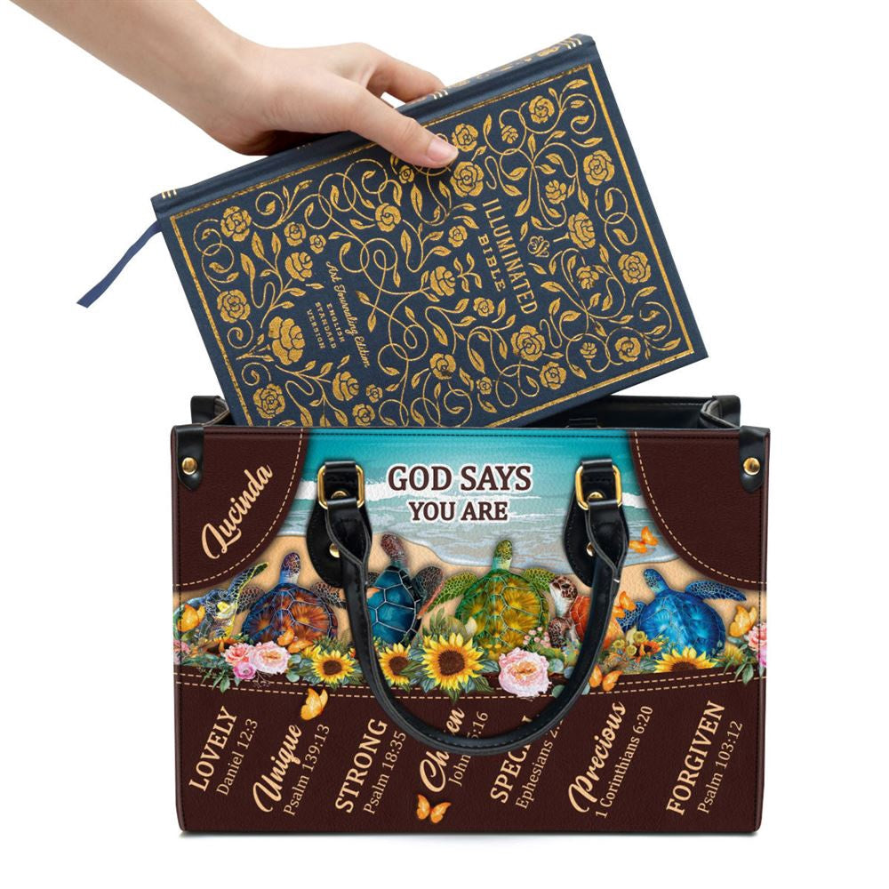 Christian Handbags, Personalized God Says You Are Lovely Turtle Leather Handbag, Religious Bag, Christian Bag