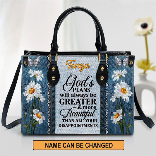 Christian Handbags, Personalized God's Plans Will Always Be Greater Than All Your Disappointments Daisy & Butterfly Leather Handbag, Christian Bag