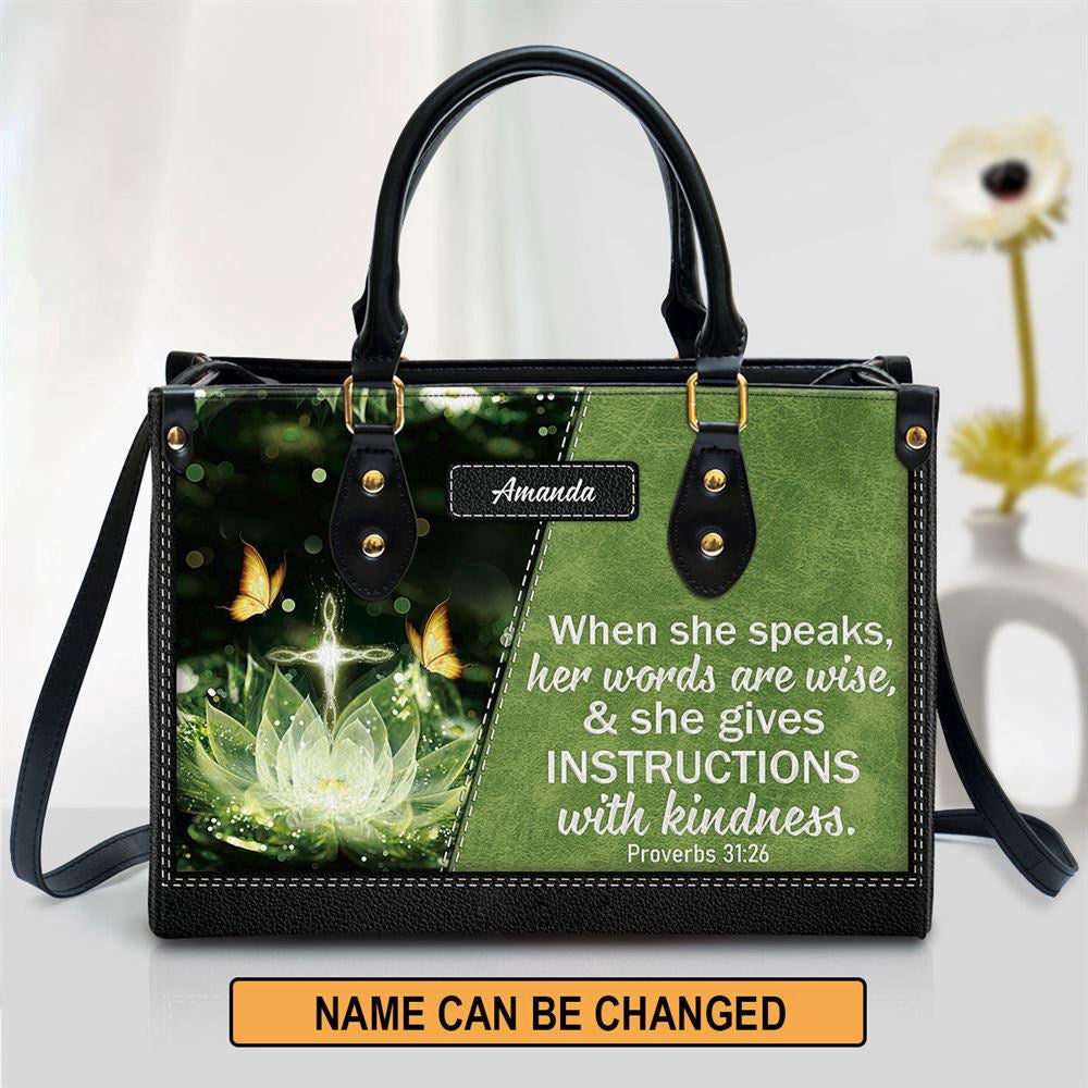 Christian Handbags, Personalized Gorgeous When She Speaks Her Words Are Wise Leather Handbag, Religious Bag, Christian Bag