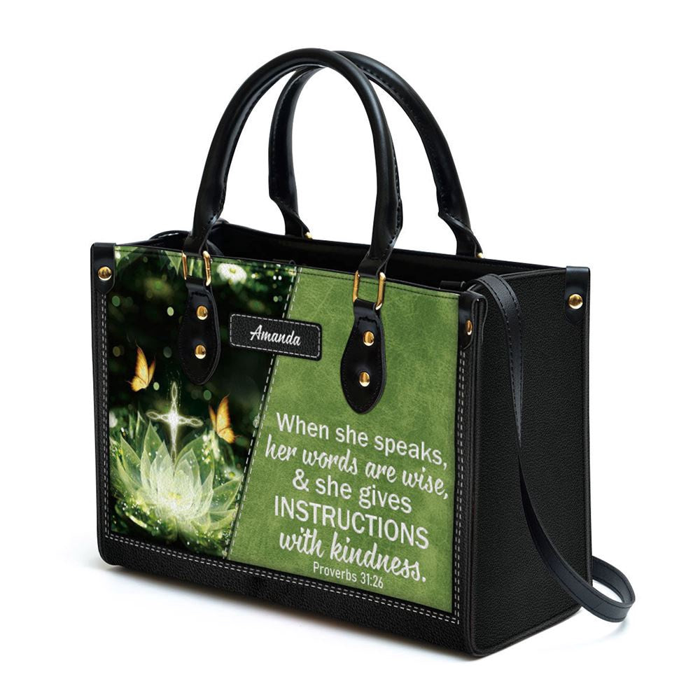 Christian Handbags, Personalized Gorgeous When She Speaks Her Words Are Wise Leather Handbag, Religious Bag, Christian Bag