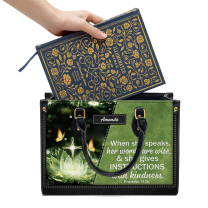 Christian Handbags, Personalized Gorgeous When She Speaks Her Words Are Wise Leather Handbag, Religious Bag, Christian Bag