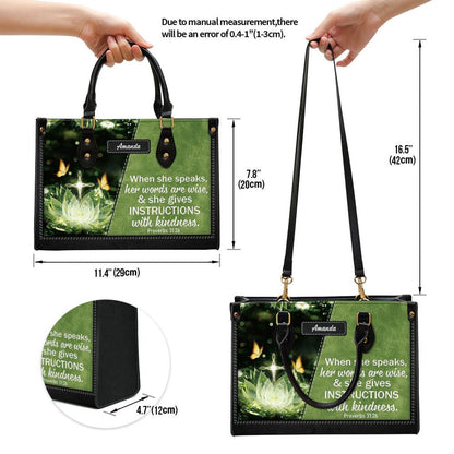 Christian Handbags, Personalized Gorgeous When She Speaks Her Words Are Wise Leather Handbag, Religious Bag, Christian Bag