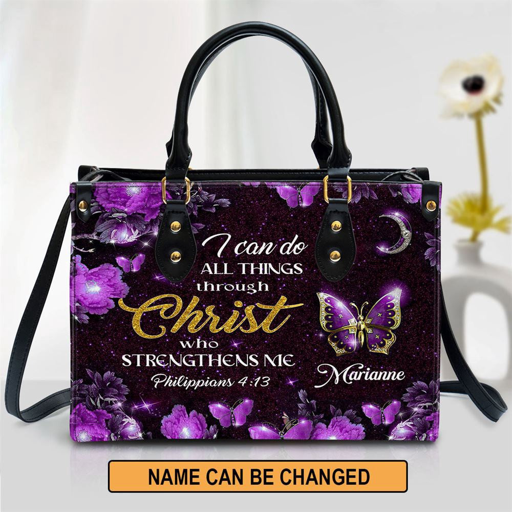 Christian Handbags, Personalized I Can Do All Things Through Christ Purple Leather Handbag, Religious Bag, Christian Bag
