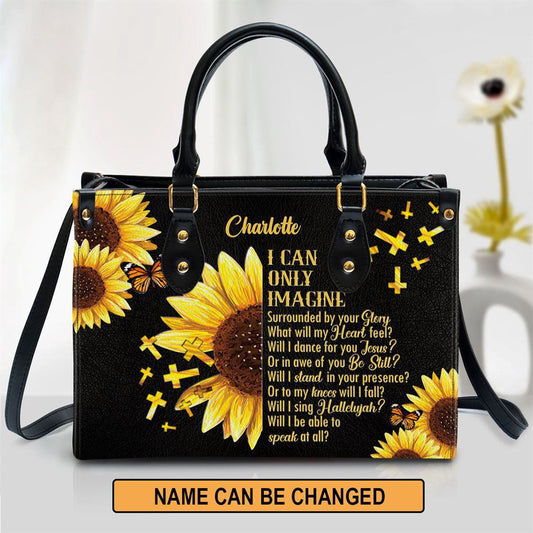 Christian Handbags, Personalized I Can Only Imagine Sunflower And Cross Leather Handbag With Handle, Religious Bag, Christian Bag