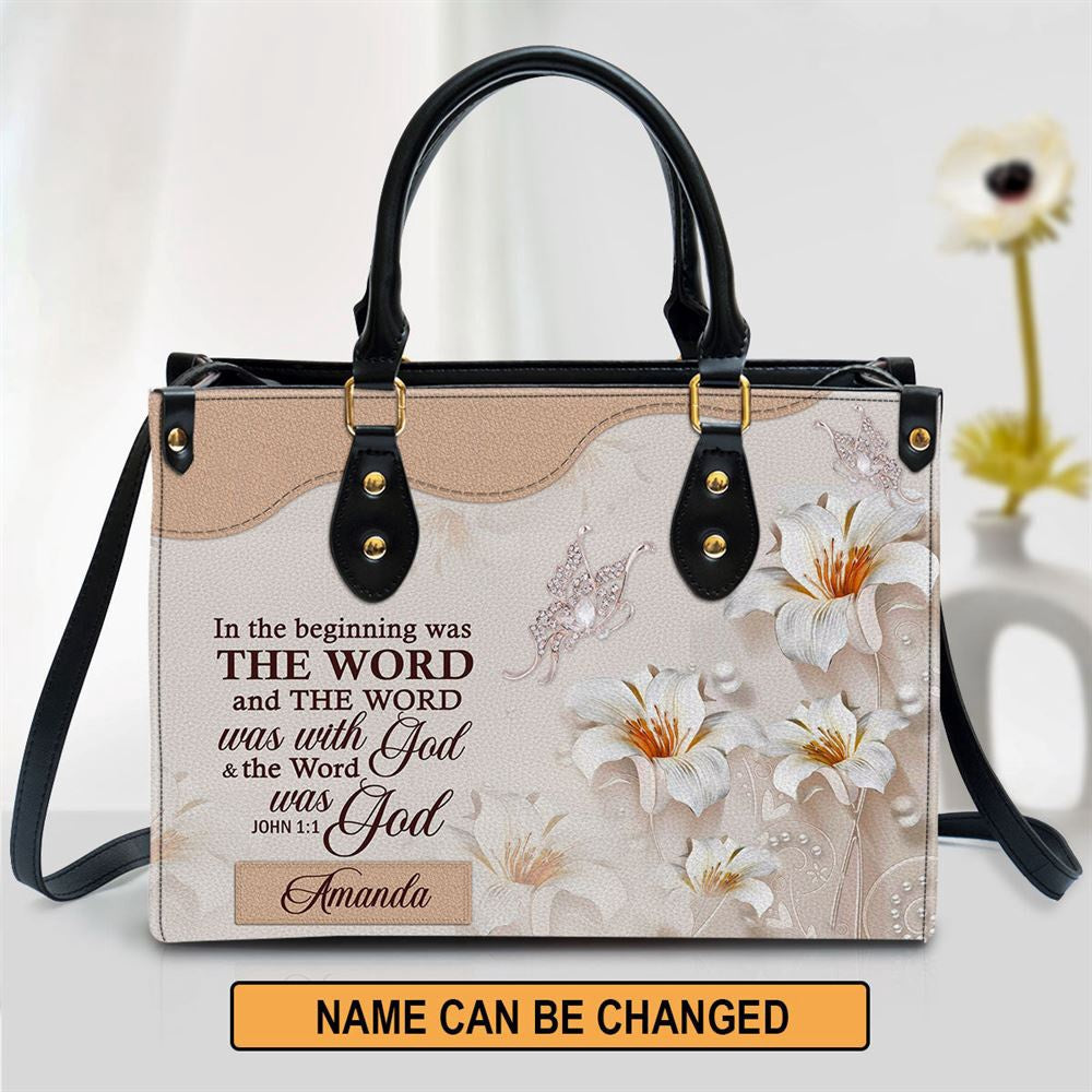 Christian Handbags, Personalized Lily Leather Handbag In The Beginning Was The Word, Religious Bag, Christian Bag