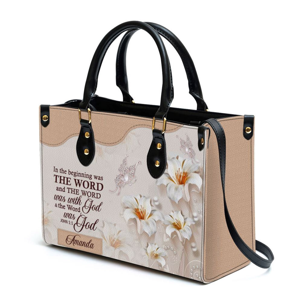Christian Handbags, Personalized Lily Leather Handbag In The Beginning Was The Word, Religious Bag, Christian Bag