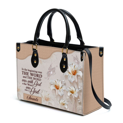Christian Handbags, Personalized Lily Leather Handbag In The Beginning Was The Word, Religious Bag, Christian Bag