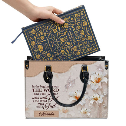 Christian Handbags, Personalized Lily Leather Handbag In The Beginning Was The Word, Religious Bag, Christian Bag