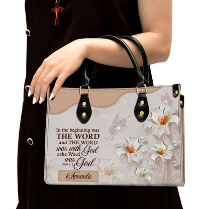Christian Handbags, Personalized Lily Leather Handbag In The Beginning Was The Word, Religious Bag, Christian Bag