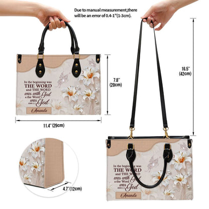 Christian Handbags, Personalized Lily Leather Handbag In The Beginning Was The Word, Religious Bag, Christian Bag