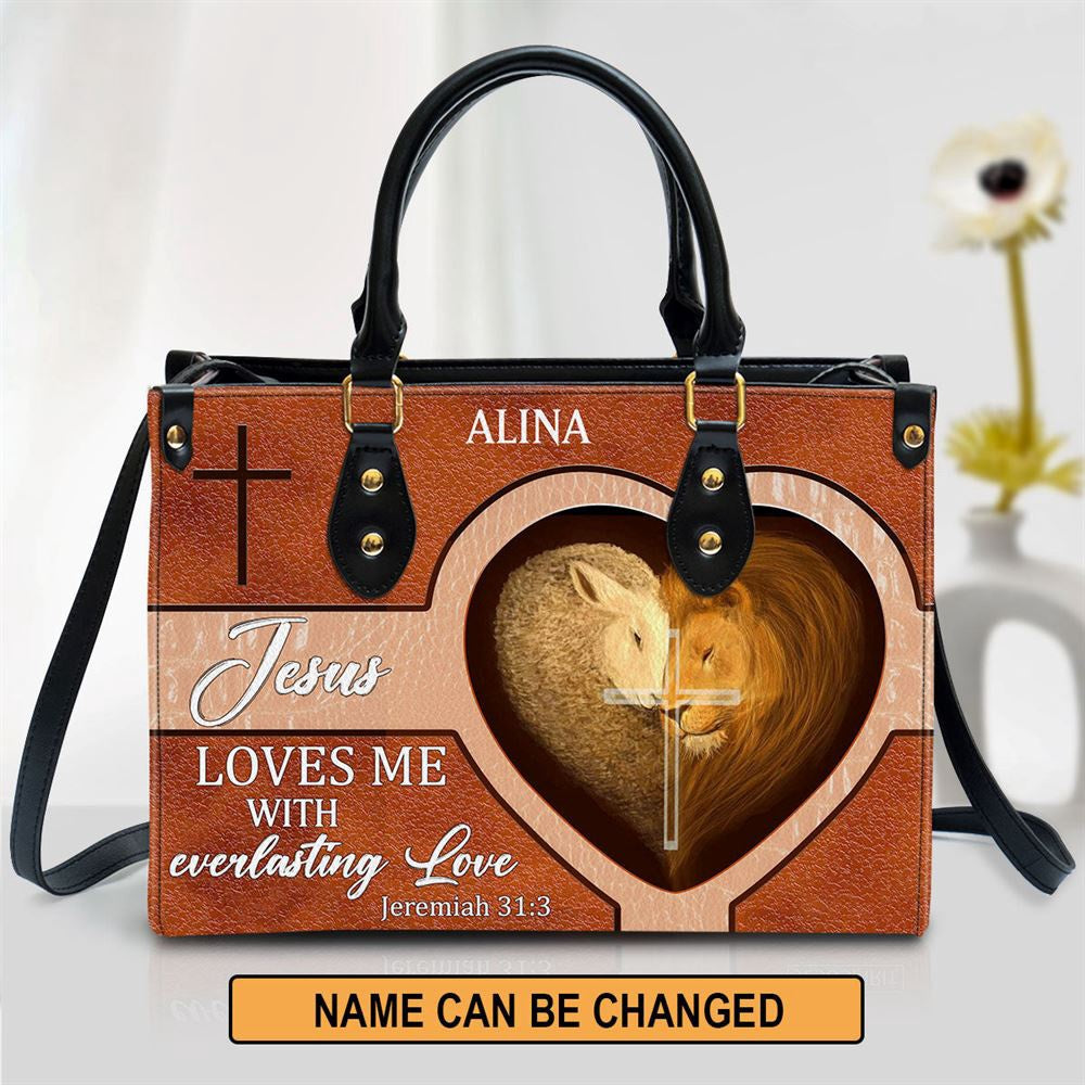 Christian Handbags, Personalized Lion Leather Handbag Jesus Loves Me With Everlasting Love, Religious Bag, Christian Bag