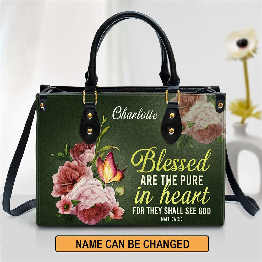 Christian Handbags, Personalized Peony Leather Handbag With Handle Blessed Are The Pure In Heart Matthew 58 Christian Gifts, Christian Bag