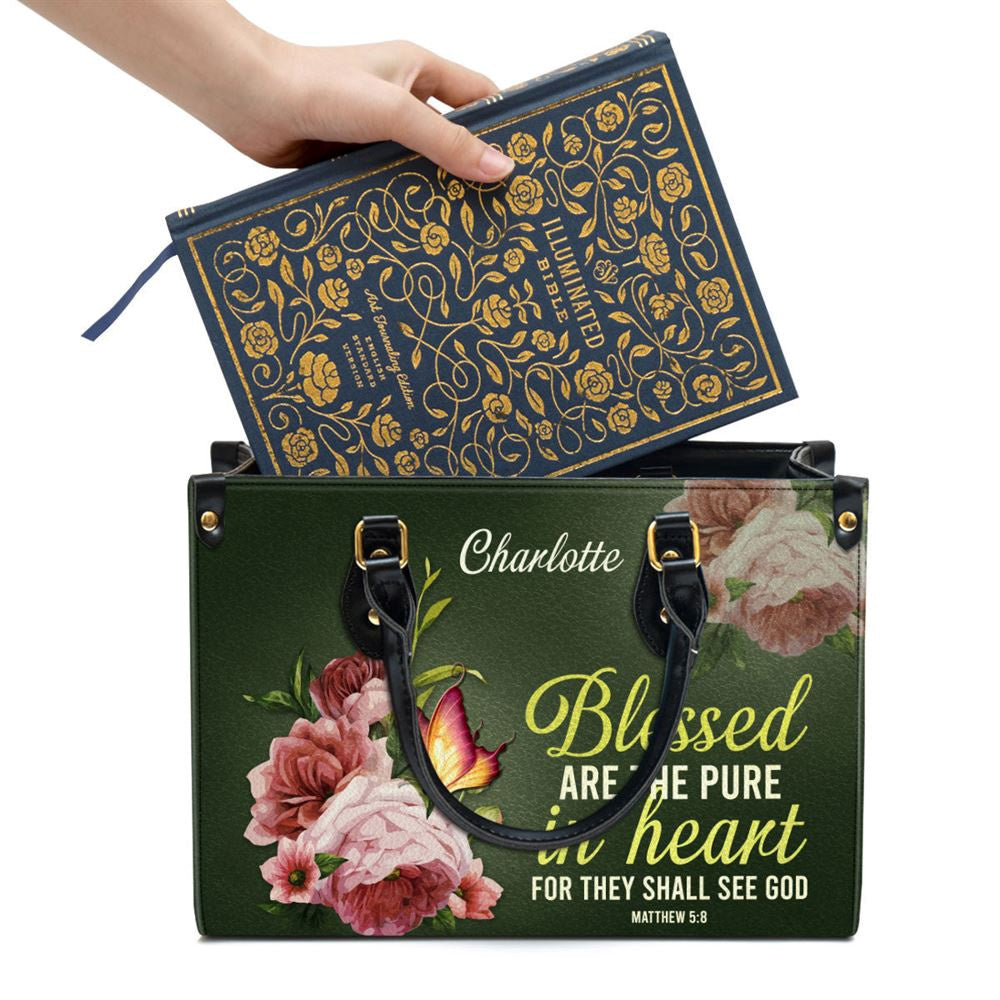 Christian Handbags, Personalized Peony Leather Handbag With Handle Blessed Are The Pure In Heart Matthew 58 Christian Gifts, Christian Bag